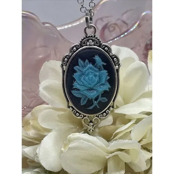 Cameo Necklace Turquoise Rose Wedding Jewelry Black Gothic Anniversary Easter - Picture 2 of 13